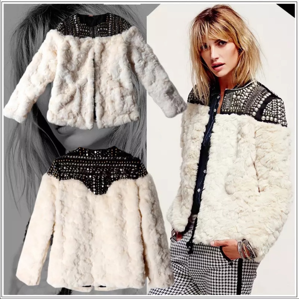 Lux Faux Fur Hand-Beaded Stud Embellished Jacket - Picture 5 of 8